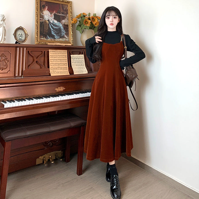 秋色クラシカルムードのロングキャミワンピースのセットアップ(L/LL/3L/4L/5L)