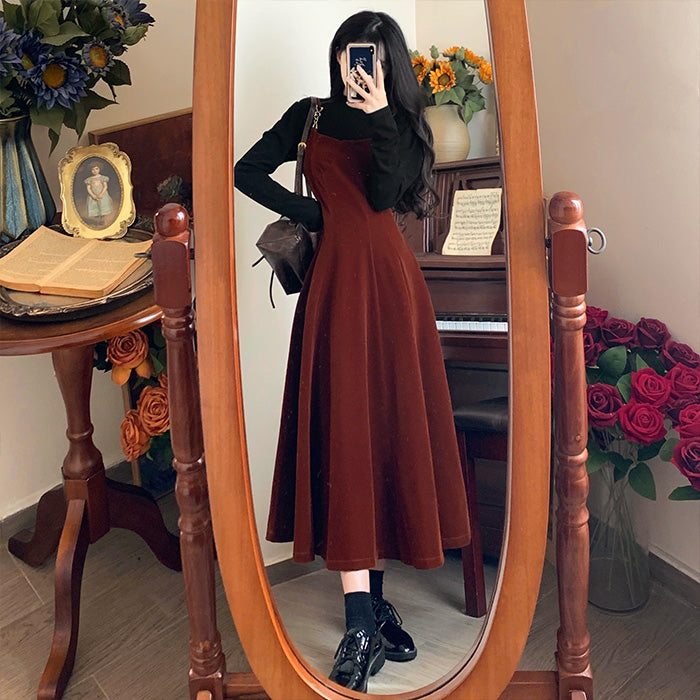 秋色クラシカルムードのロングキャミワンピースのセットアップ(L/LL/3L/4L/5L)