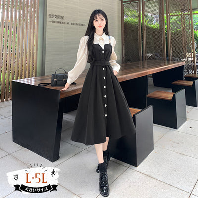 ぽっちゃりさんのホワイトボタンフレアワンピース(L/2L/3L/4L/5L)