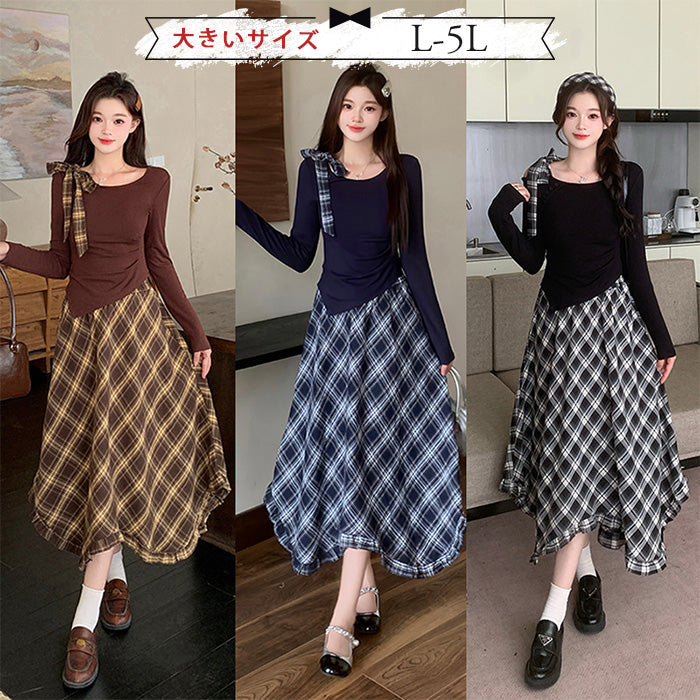 クラシカルムードのリボンチェックセットアップ(L/LL/3L/4L/5L)