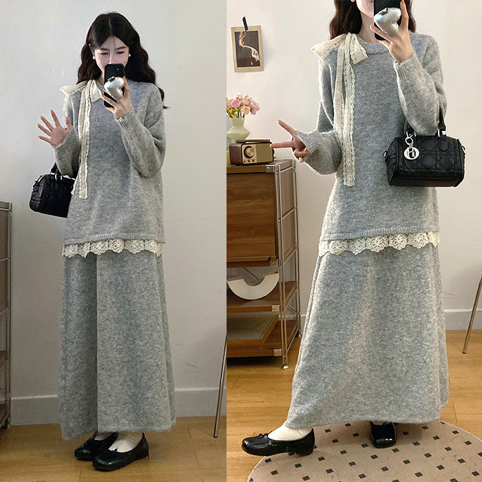 ふんわりレースリボンのあったかセットアップ(L/2L/3L/4L/5L)