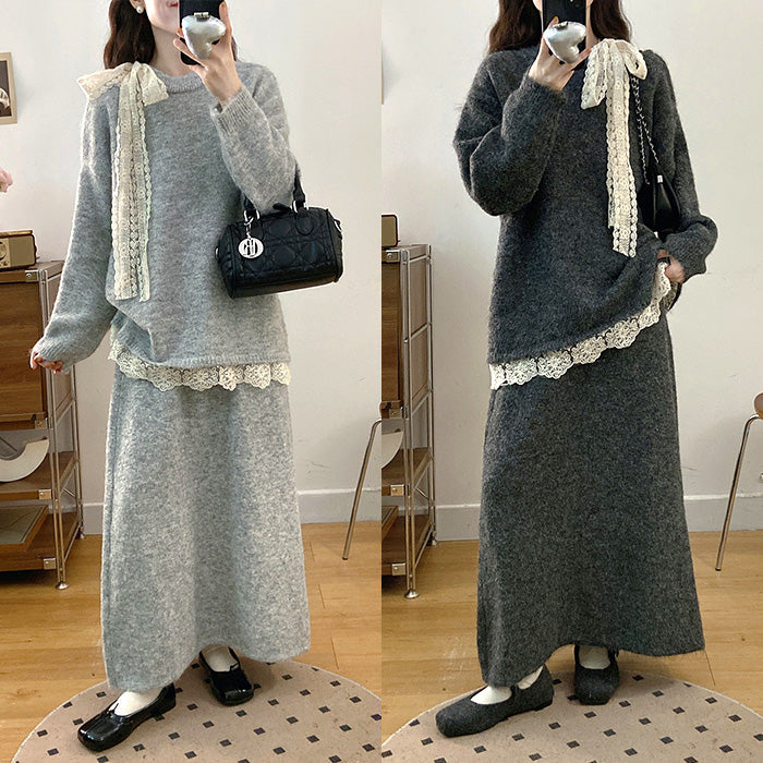 ふんわりレースリボンのあったかセットアップ(L/2L/3L/4L/5L)