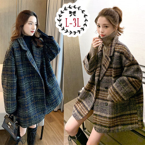 Warm checked long coat (for a neat and casual commute)