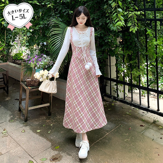 チェックガーリー・ポンポンリボンワンピース(L/2L/3L/4L/5L)