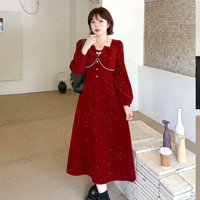 SHUSHUTONG ベルベットドレス ミッドナイト・シュガーベルベットドレスワンピース(LL/3L/4L/5L