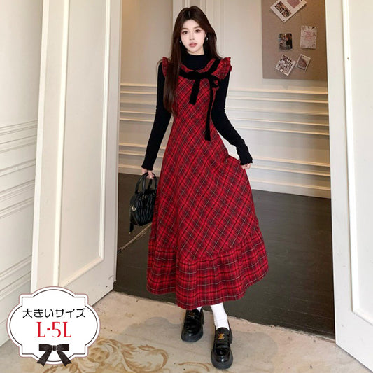 ルージュチェック・ノスタルジアワンピース(L/LL/3L/4L/5L)
