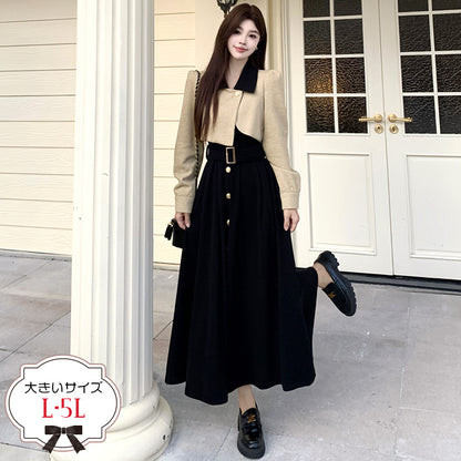 シャンパンベージュのショートジャケット風レイヤードワンピース(L/LL/3L/4L/5L)