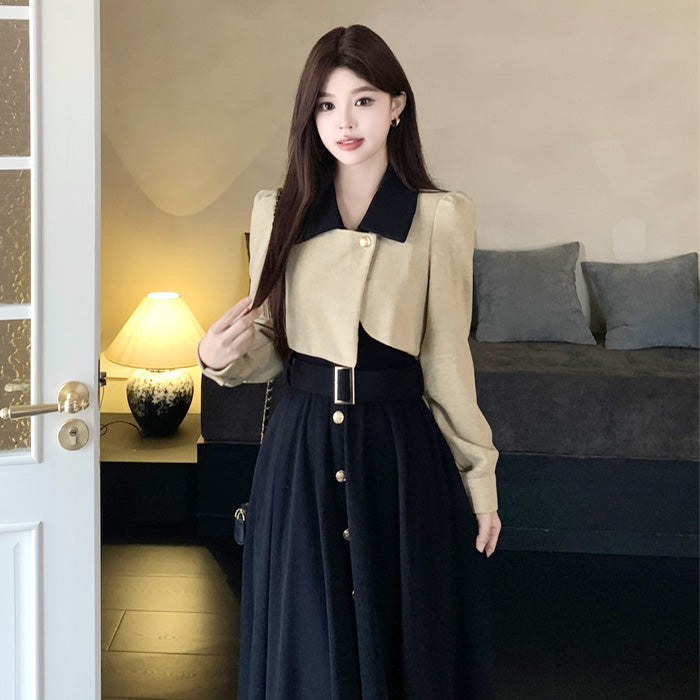 シャンパンベージュのショートジャケット風レイヤードワンピース(L/LL/3L/4L/5L)