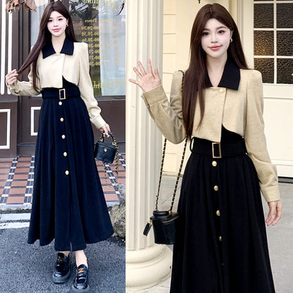 シャンパンベージュのショートジャケット風レイヤードワンピース(L/LL/3L/4L/5L)