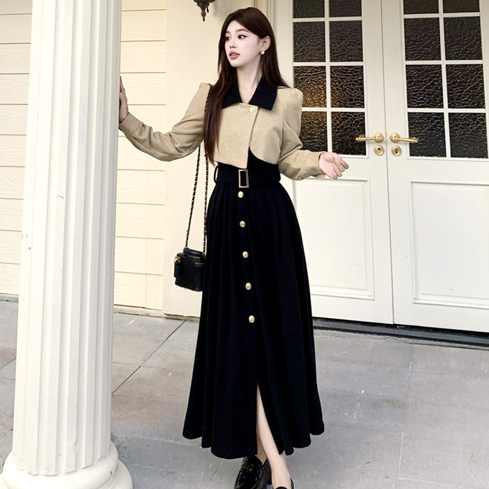 シャンパンベージュのショートジャケット風レイヤードワンピース(L/LL/3L/4L/5L)