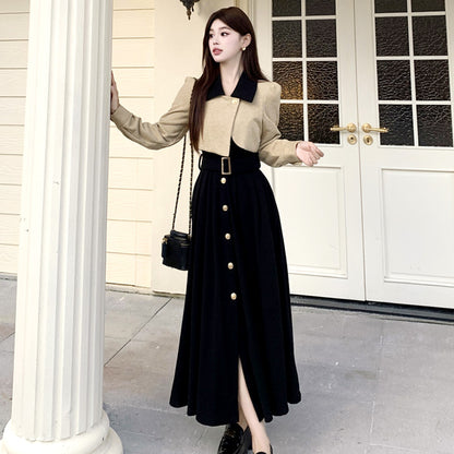 シャンパンベージュのショートジャケット風レイヤードワンピース(L/LL/3L/4L/5L)