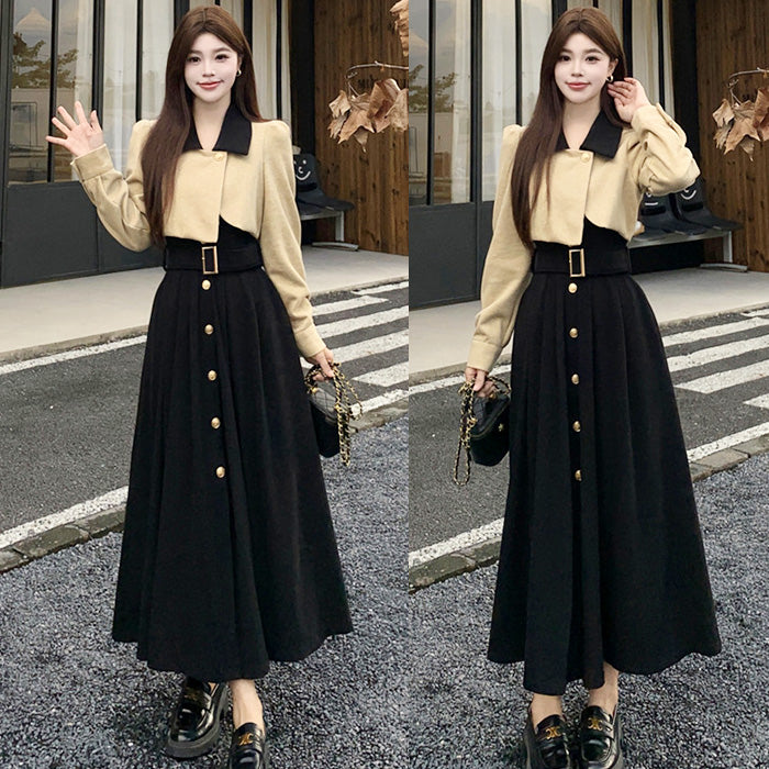 シャンパンベージュのショートジャケット風レイヤードワンピース(L/LL/3L/4L/5L)