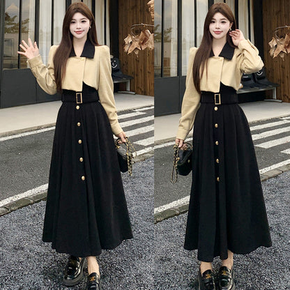 シャンパンベージュのショートジャケット風レイヤードワンピース(L/LL/3L/4L/5L)