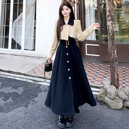 シャンパンベージュのショートジャケット風レイヤードワンピース(L/LL/3L/4L/5L)