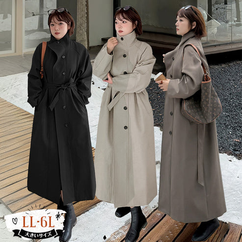 大きいサイズの冬デートにおすすめなスタンドカラーフレアロングコート(LL/3L/4L/5L/6L)