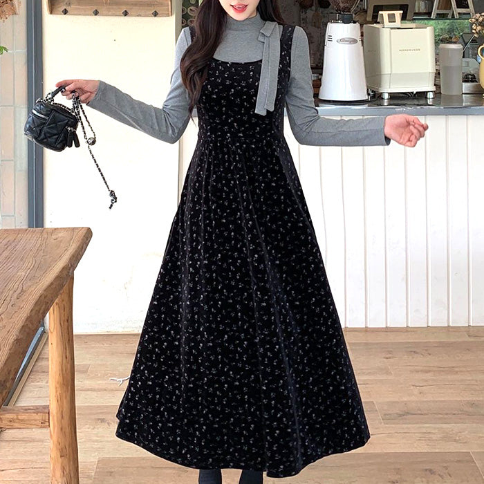 大きいサイズレディースブラックティー・リリィベルベットジャンスカセットアップ(L/LL/3L/4L/5L)