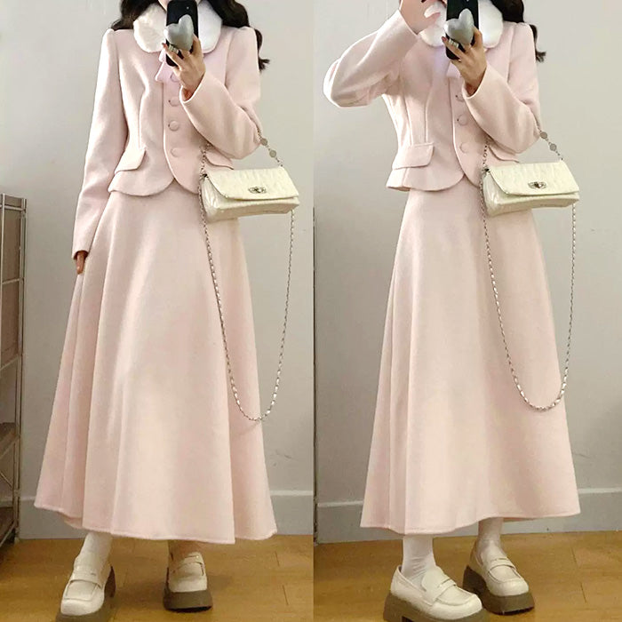 シュガーミルク・ファーカラーフレアセットアップ(L/LL/3L/4L/5L)