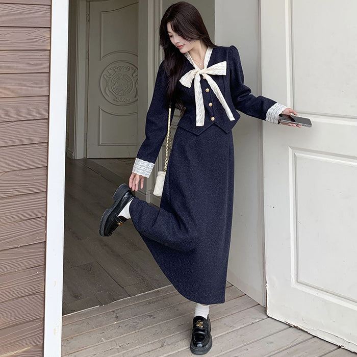 ノーブルネイビーのレースリボントップスとロングスカートの2点セット(L/LL/3L/4L/5L)