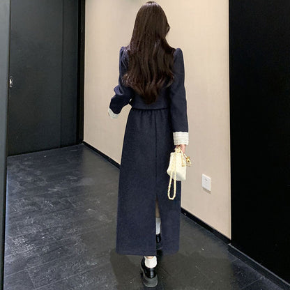 ノーブルネイビーのレースリボントップスとロングスカートの2点セット(L/LL/3L/4L/5L)