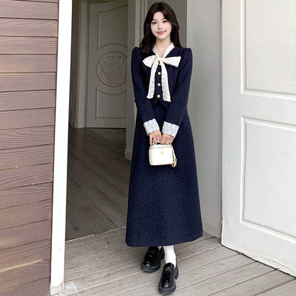 ノーブルネイビーのレースリボントップスとロングスカートの2点セット(L/LL/3L/4L/5L)