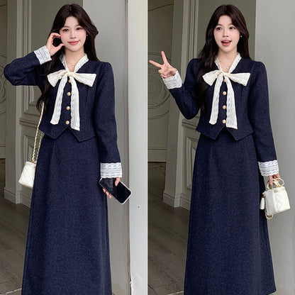 ノーブルネイビーのレースリボントップスとロングスカートの2点セット(L/LL/3L/4L/5L)