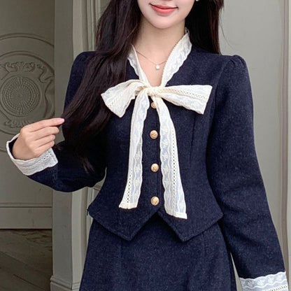 ノーブルネイビーのレースリボントップスとロングスカートの2点セット(L/LL/3L/4L/5L)