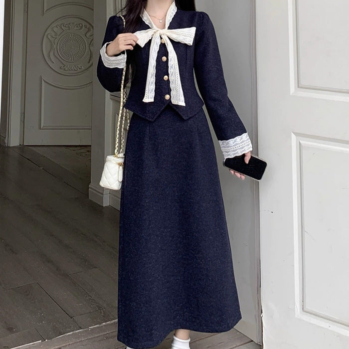 ノーブルネイビーのレースリボントップスとロングスカートの2点セット(L/LL/3L/4L/5L)