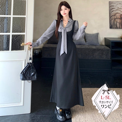 チャコールグレー・レトロシフォンリボンワンピース(L/LL/3L/4L/5L)