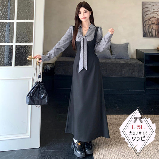 チャコールグレー・レトロシフォンリボンワンピース(L/LL/3L/4L/5L)