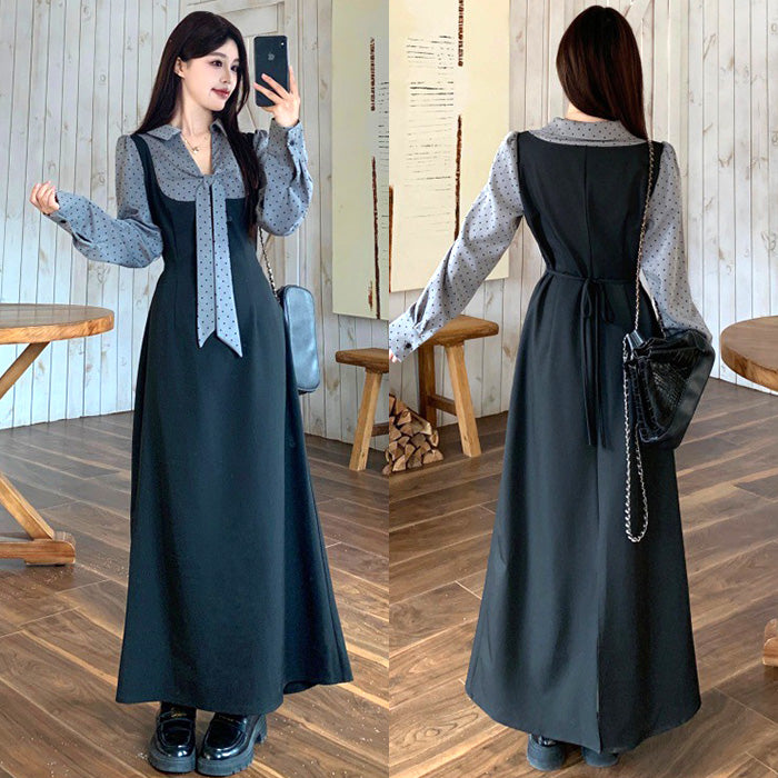 チャコールグレー・レトロシフォンリボンワンピース(L/LL/3L/4L/5L)