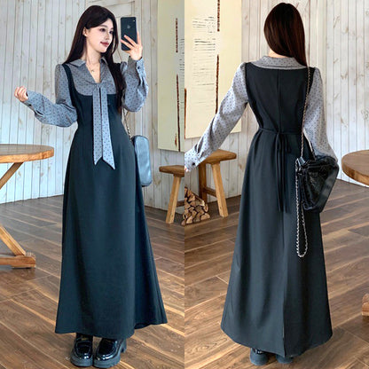 チャコールグレー・レトロシフォンリボンワンピース(L/LL/3L/4L/5L)