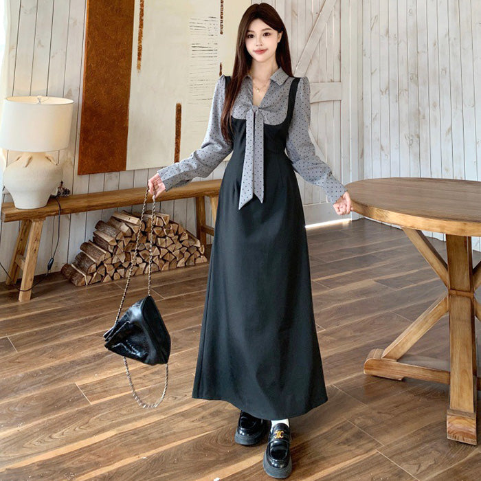 チャコールグレー・レトロシフォンリボンワンピース(L/LL/3L/4L/5L)