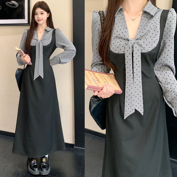 チャコールグレー・レトロシフォンリボンワンピース(L/LL/3L/4L/5L)