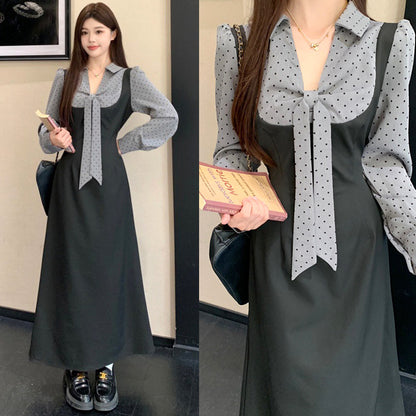 チャコールグレー・レトロシフォンリボンワンピース(L/LL/3L/4L/5L)