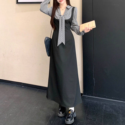 チャコールグレー・レトロシフォンリボンワンピース(L/LL/3L/4L/5L)