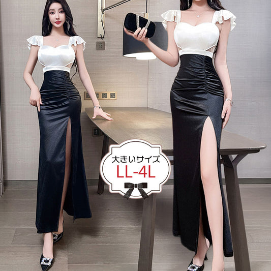 モノトーンラッフル・グラマースリットドレス(LL/3L/4L)/キャバドレス/ギャル