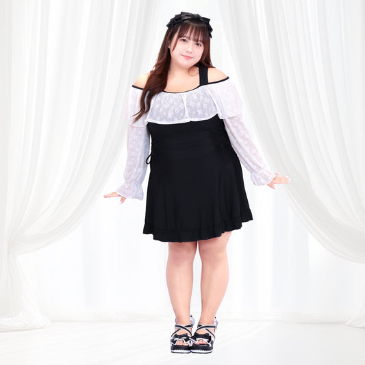 黒モノトーンリボンのフェミニンスイムウェア水着ドレス(4L/5L/6L/7L/8L/9L/10L)