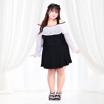 【Plus size swimsuit ranking】【即日発送】送料無料・黒モノトーンリボンのフェミニンスイムウェア水着ドレス(5L/6L/7L/8L/9L/10L)