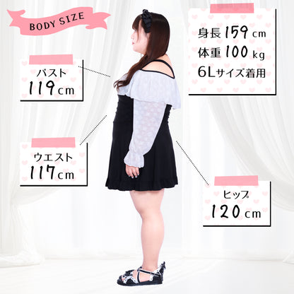 黒モノトーンリボンのフェミニンスイムウェア水着ドレス(4L/5L/6L/7L/8L/9L/10L)
