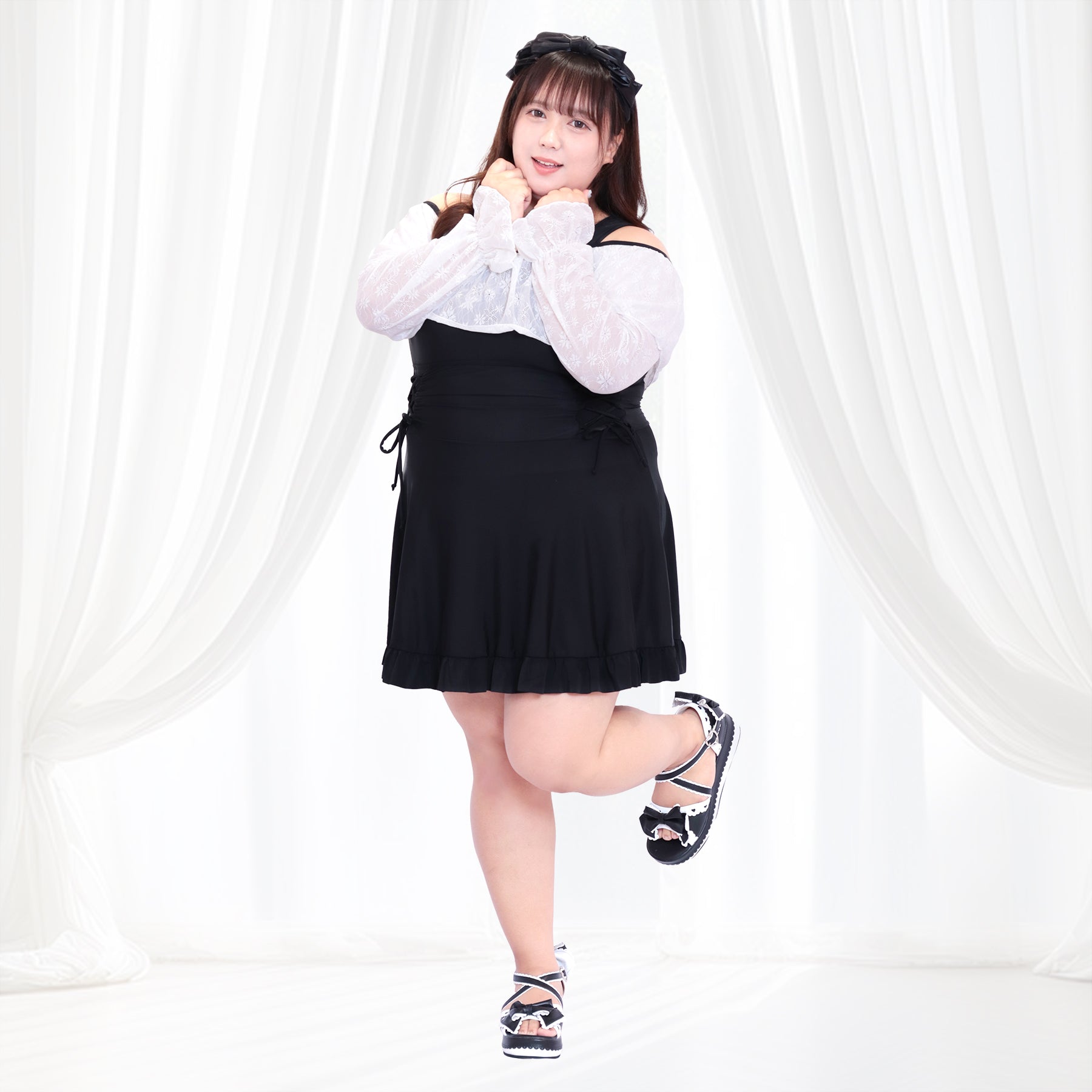 大きいサイズ レディース｜Feminine Monochrome Ribbon Swimwear Dress