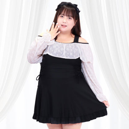黒モノトーンリボンのフェミニンスイムウェア水着ドレス(4L/5L/6L/7L/8L/9L/10L)