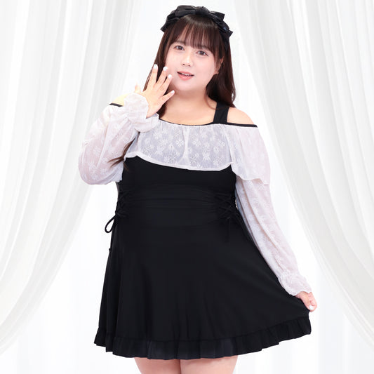 【即日発送】送料無料・黒モノトーンリボンのフェミニンスイムウェア水着ドレス(5L/6L/7L/8L/9L/10L)