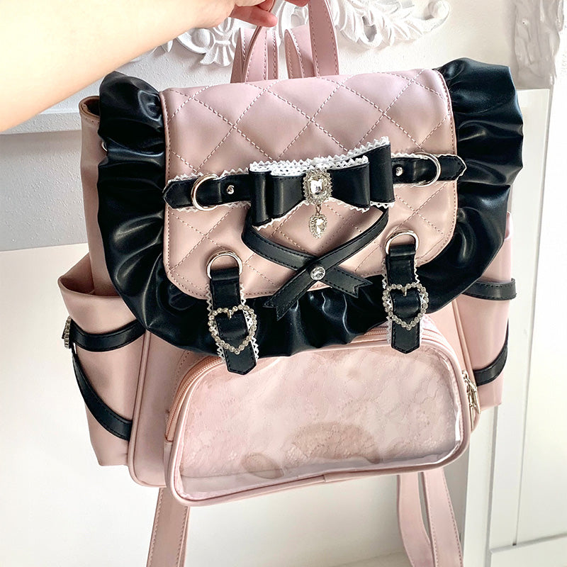 ブラック×ベビーピンクの地雷フリルリボンリュック・かばん