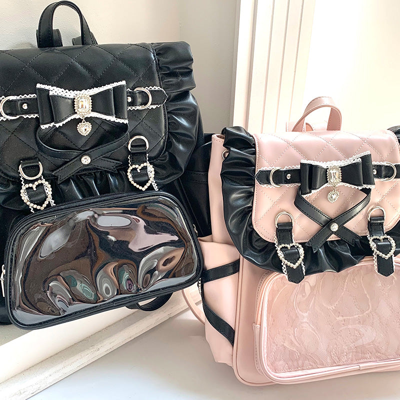 ブラック×ベビーピンクの地雷フリルリボンリュック・かばん