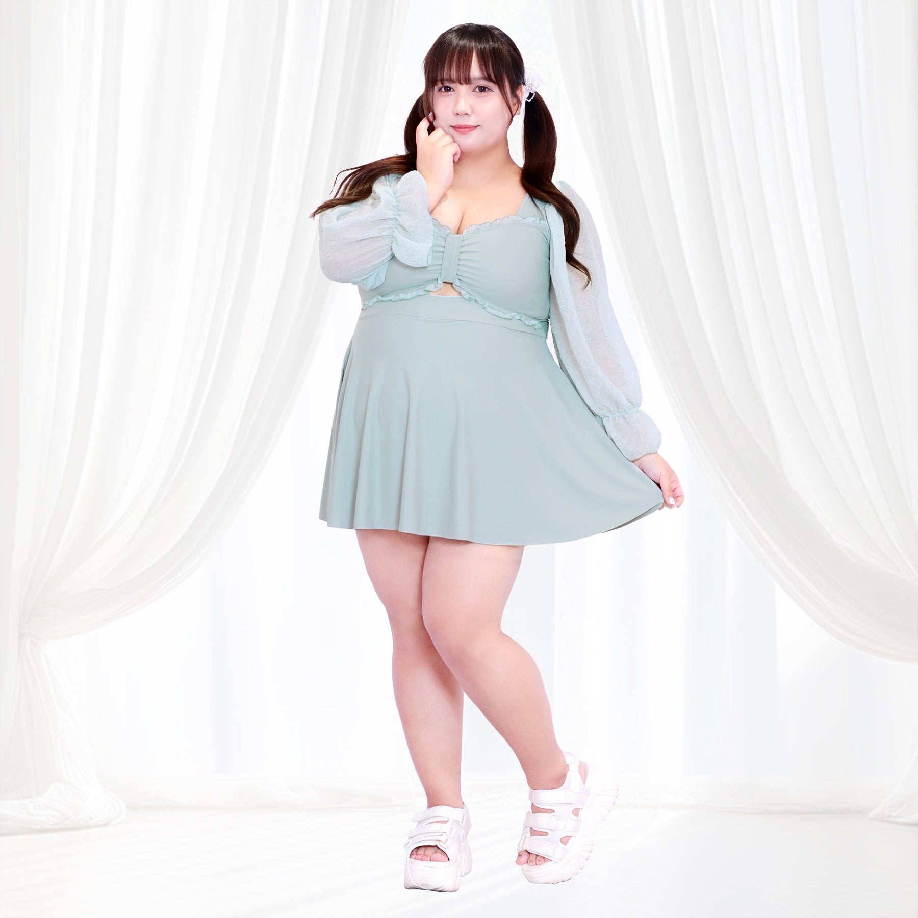 Rose Lace Sleeve Ribbon Cut One-Piece Swimsuit (4L/5L/6L/7L/8L/9L