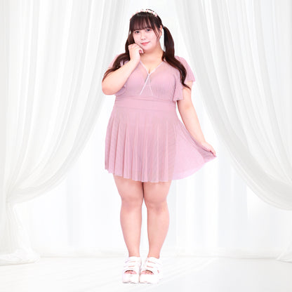 ふわ袖チュールのリゾートスイムワンピース水着(L/LL/3L/4L/5L/6L)