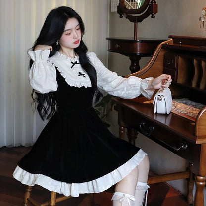 ブラックベルベットのドールリボンミニワンピ-ス(3L/4L/5L)