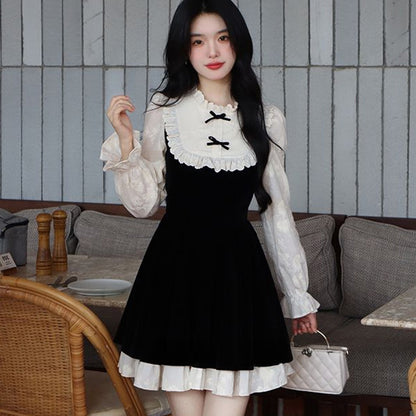 ブラックベルベットのドールリボンミニワンピ-ス(3L/4L/5L)