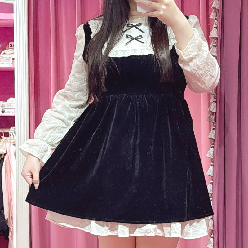 ブラックベルベットのドールリボンミニワンピ-ス(3L/4L/5L)