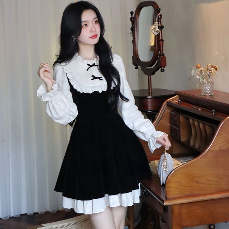 ブラックベルベットのドールリボンミニワンピ-ス(3L/4L/5L)